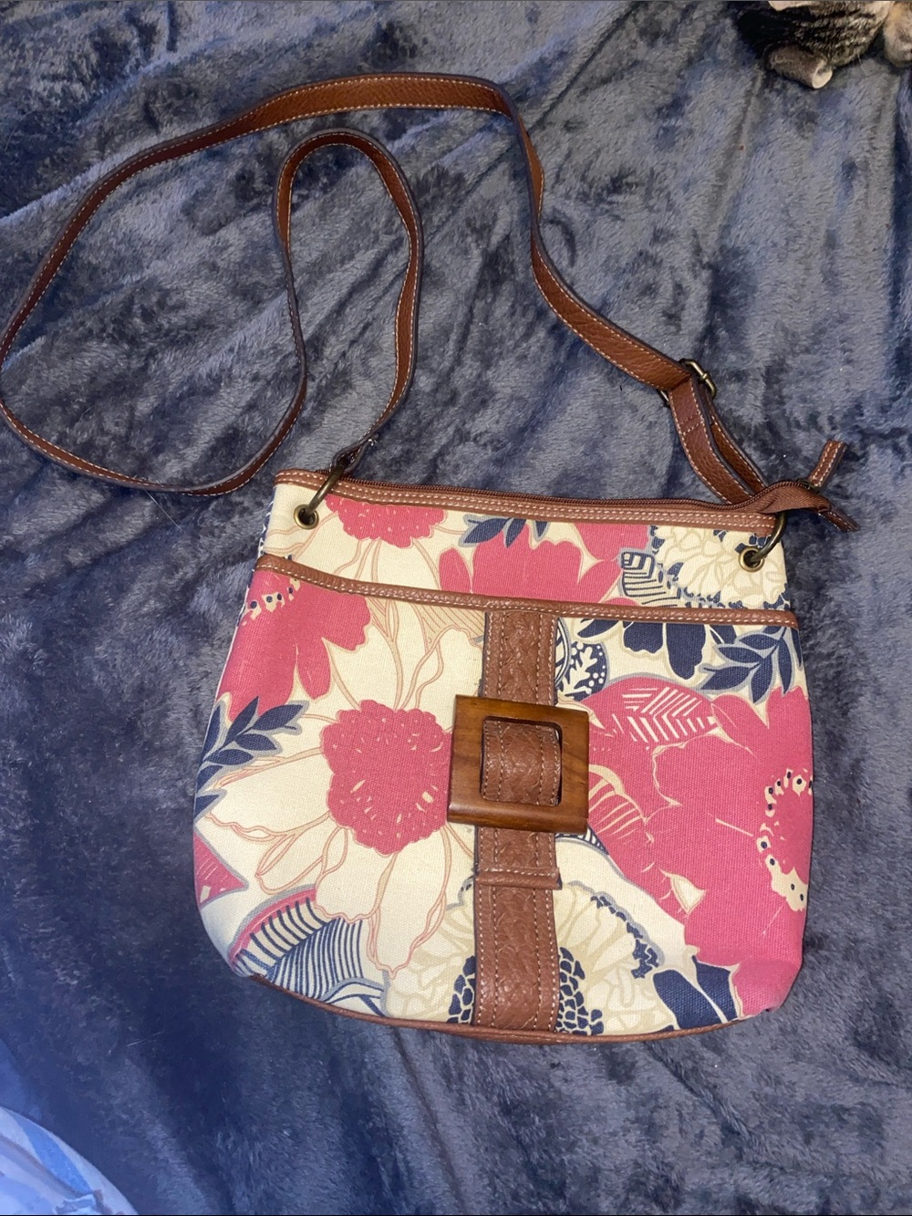 Bueno Pink Floral Crossbody with Brown Trim and Buckle